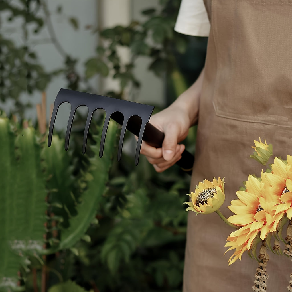 1pc Chuangyi Network Heavy Duty Carbon Steel Garden Hand Rake with Ergonomic Rubber Grip - Multi-Pronged Mini Hand Cultivator for Digging, Raking Leaves, Weeding, Lawn Care &amp; Soil Aeration - Durable Gardening Tool, Weeding Eq