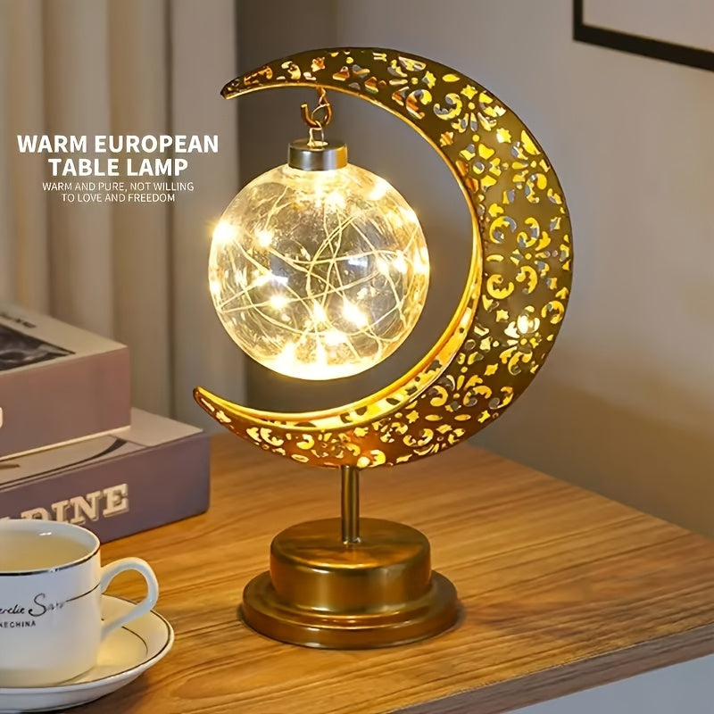 Islamic Crescent Moon &amp; Star LED Table Lamp with Warm White/Golden Light - Muslim Prayer, Ramadan &amp; Eid Decor, Plastic &amp; Golden- Dome for Bedside,, Islamic Décor (-Free -)