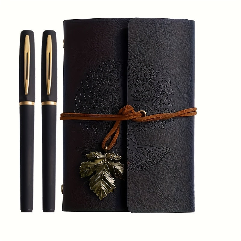 Coffret 3 pièces : carnet spiral vintage en cuir PU et 2 stylos gel noir et doré, design arbre, idéal pour écriture, croquis et voyage.