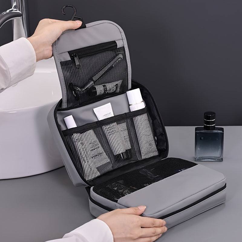 Grande trousse de toilette de voyage, résistante, multi-compartiments avec poches filet, idéale pour maquillage, salle de bain et déplacements.