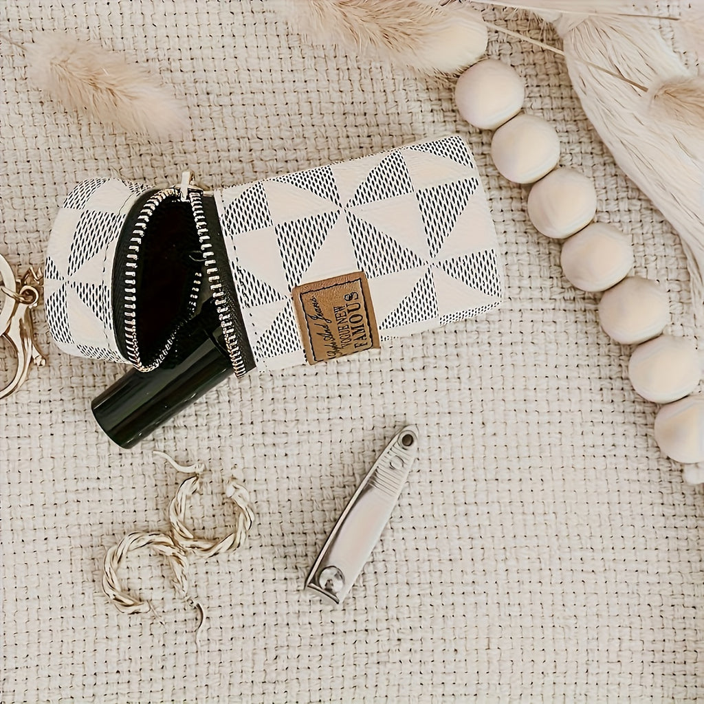 Three Colors Available - Round Coin and Lipstick Holder Wallet, Durable PU Material with Geometric Pattern Design, Black Zipper Closure, Golden Keychain Charm, Large Capacity Women's Travel Commute Mini Purse for Coins &amp; Cash