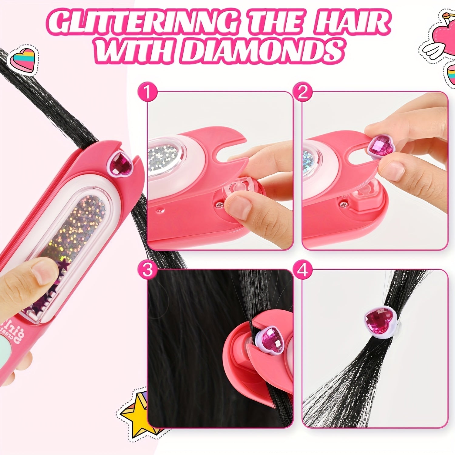 Kit tampon cheveux filles, accessoires réutilisables type diamant, outils roses avec étoiles, cœurs et cercles pour coiffures créatives.