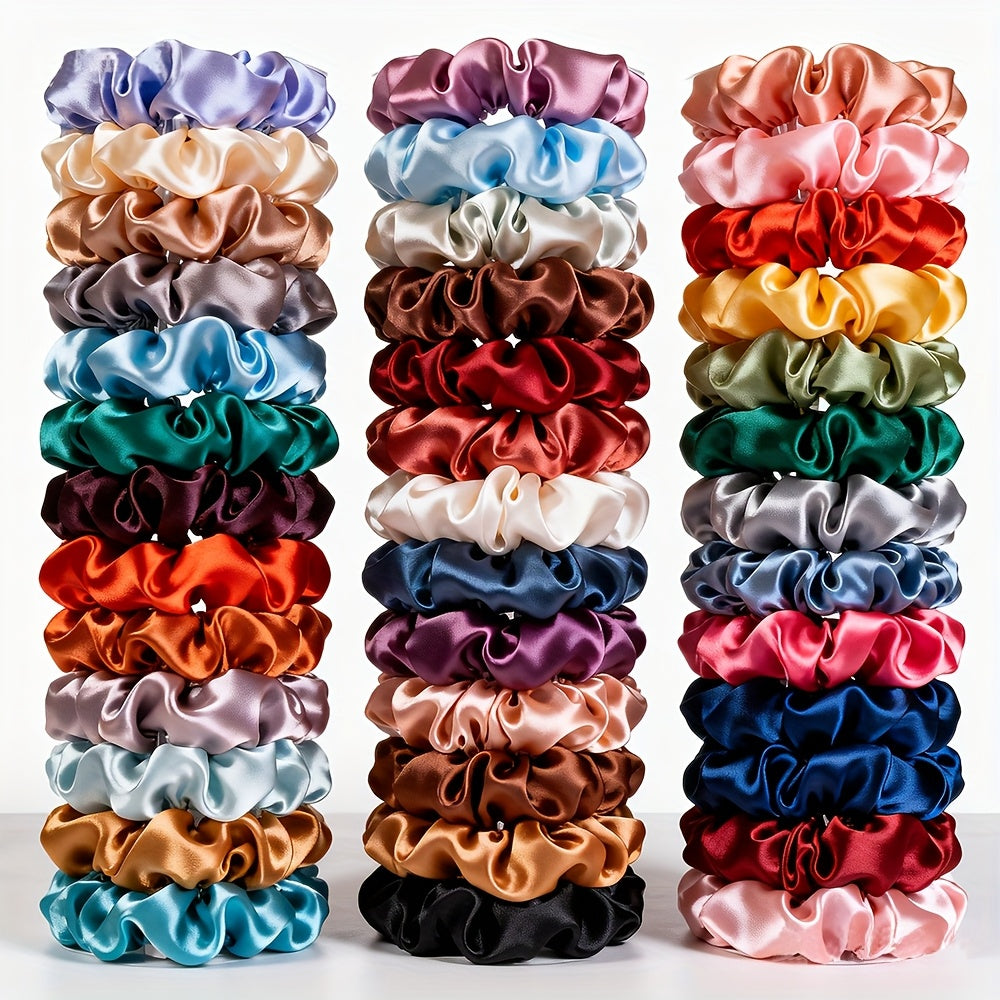 50pcs Satin Scrunchies - Elegant Hair Ties with Pastel &amp; Vibrant Colors (Pink, Green, Purple, Orange, Red, Yellow, Brown, Teal, Navy, Light, Dark, Light Green, Dark Green, Light Purple, Dark Purple, Light Orange, Dark Orange,