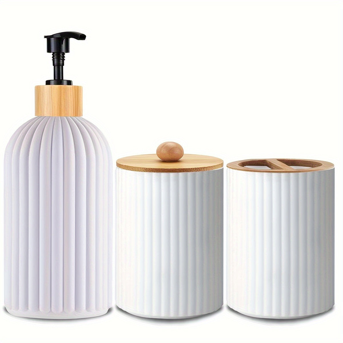 Set de distributeurs de salle de bain rechargeable (3 pièces). Distributeur de lotion, support pour coton-tiges et organisateur de brosses à dents, manuel, sans électricité.