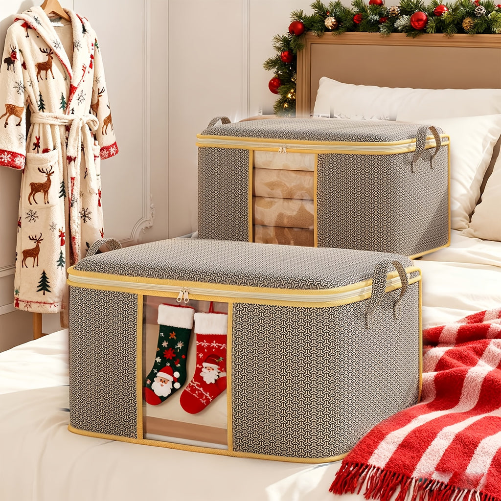 TUZA 1pc Large Heavy-Duty Soft Non-Woven Fabric Storage Bag with Zipper Closure, 4 Carry Handles &amp; Window - Queen/King Comforter, Bedding, Blanket, Clothes Organizer - Heavy Items Capacity (Bed Pillows, Protectors)