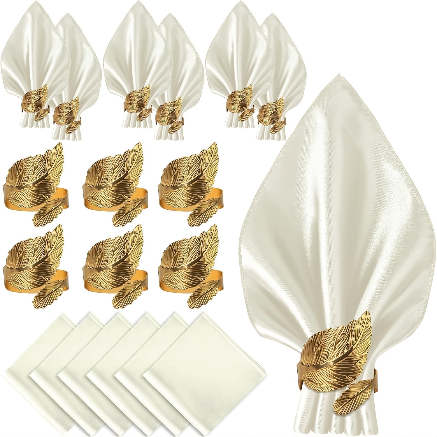 Lot VIJIV 12 pcs : 6 ronds de serviette dorés et 6 serviettes satin 17×17 cm, idéal mariages et fêtes.