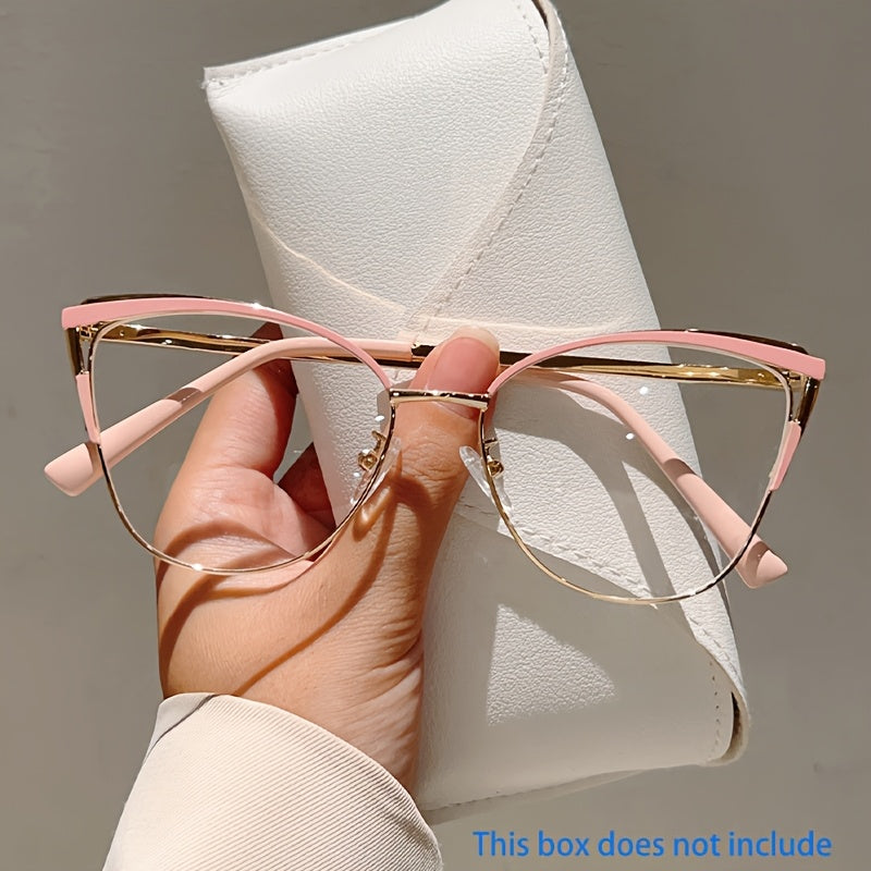 Paire de lunettes style œil de chat pour femmes, monture métallique légère, tendance rétro, couleur rose élégante, sans correction.