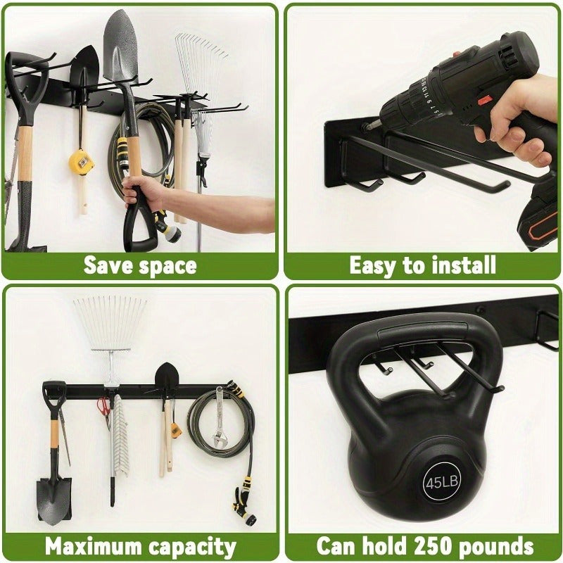 1pc Heavy-Duty Iron Wall-Mounted Tool Rack - Multi-Purpose Garage &amp; Garden Organizer for Shovels, Rakes, Brooms - Space-Saving Black Storage Hook, Perfect Father'S Day Gift, Garage Storage Rack, Sleek Metallic Finish, Sturdy