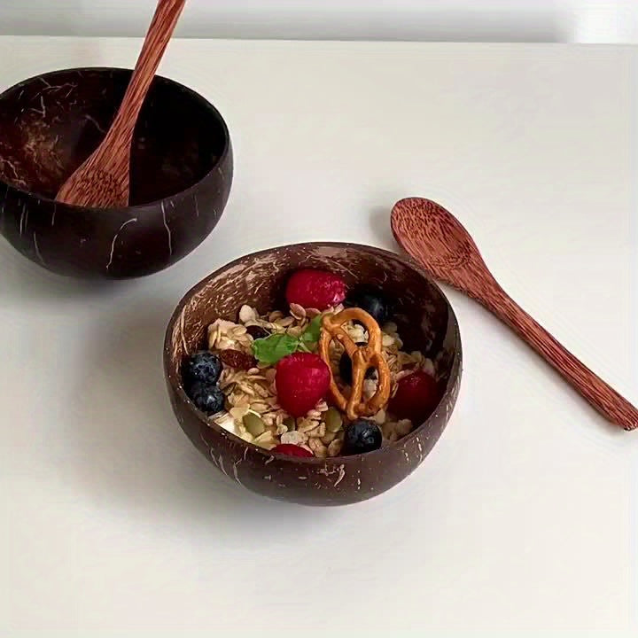 2pcs 1 Bowl +1 Spoon Handcrafted Coconut Shell Salad Bowls with Wooden Utensils -, Perfect for Serving Fruits &amp; Grains. Ideal Gift Picks: Back-to-School Season