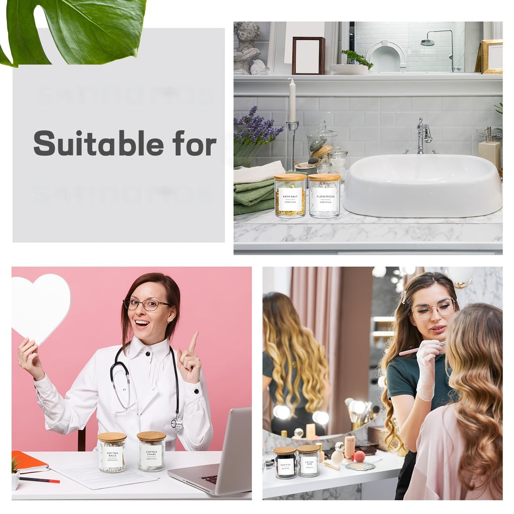 Lot de 4 ou 6 pots transparents de 10 oz avec couvercles, idéal pour cotons, maquillage et accessoires de salle de bain.