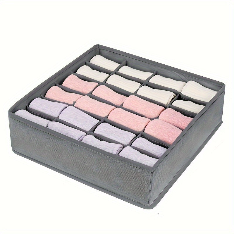 Set of 2 grey fabric storage boxes, 24 compartments, foldable and stackable, perfect for socks, ties and underwear.