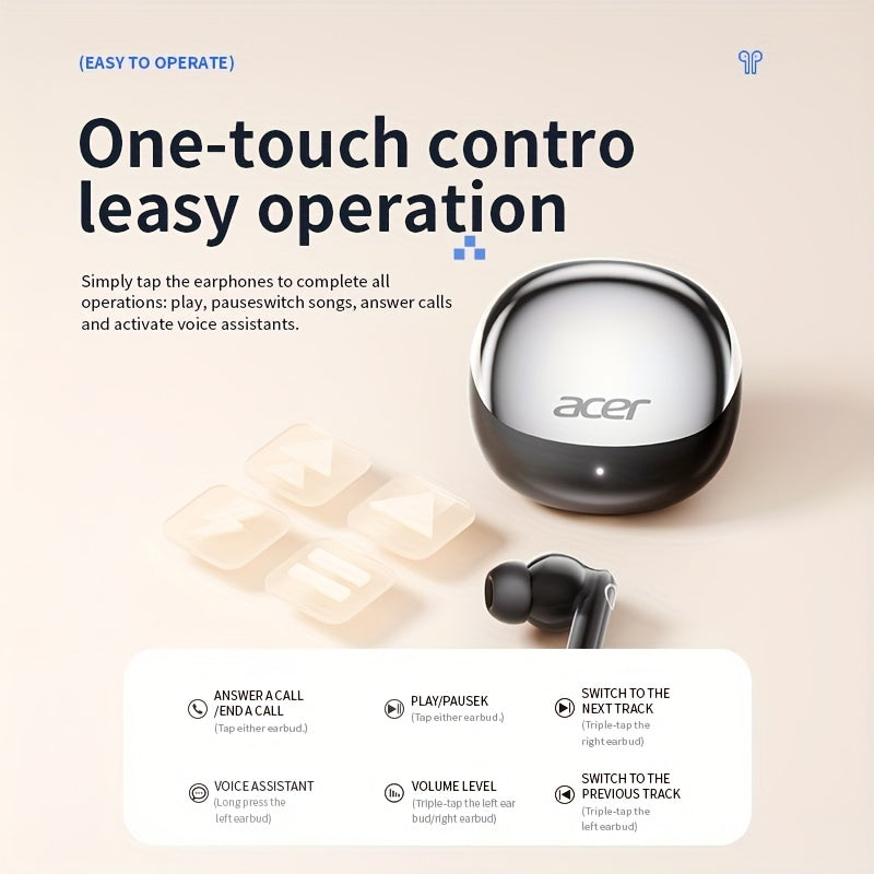 Écouteurs sans fil ACER TWS, son stéréo HiFi, réduction de bruit pour appels, puce 5.4, légers, tactiles, confortables et design élégant, autonomie longue durée.