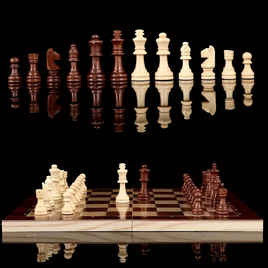 Jeu d’échecs en bois 3‑en‑1, pliable et portable, tailles 24 cm et 34 cm, idéal pour parties à emporter.