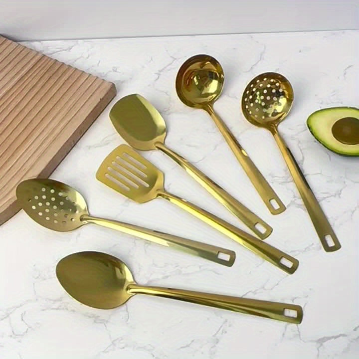 6pcs Korean-Style Stainless Steel Gold-Plated Kitchen Utensil Set: Essential Cooking Ladle, Strainer Spoon, and Frying Spatula for Home Use - Luxurious Golden Soup Spoon, Colander, and Hot Pot Ladle Perfect for Cooking, Buffe