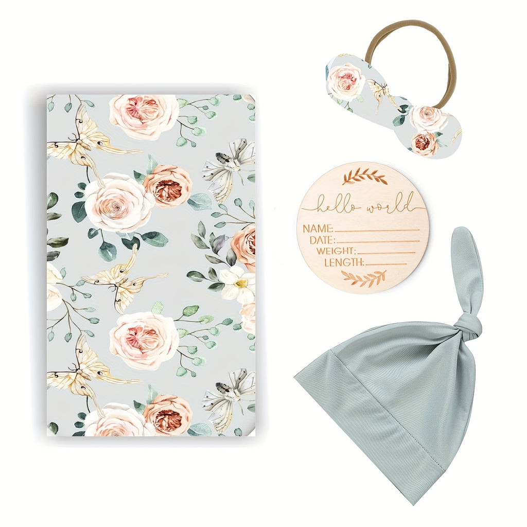 CINCOBEBÉ Newborn Swaddle Blanket &amp; Hat Set - Soft Polyester Baby Wrap with Floral Pattern, Machine Washable, Includes Headband &amp; Monthly Card, Perfect Gift for Boys and Girls, Newborn Essentials|Floral Pattern Blanket|Polye