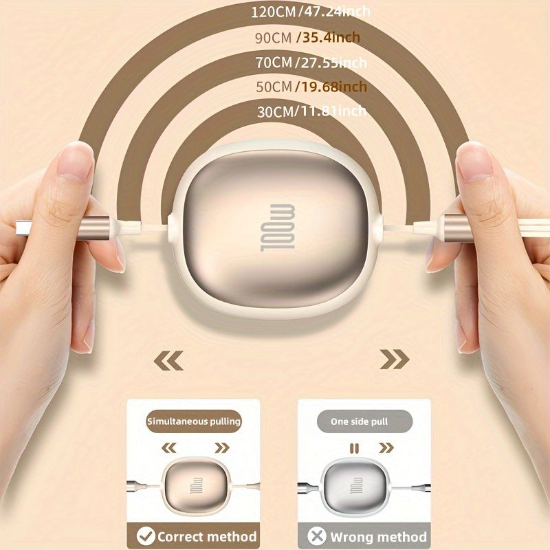 Câble USB rétractable 3-en-1, charge rapide 100 W, compatible USB-C/Micro USB/iPhone, transfert données 480 Mbps, alimentation ≤36 V.