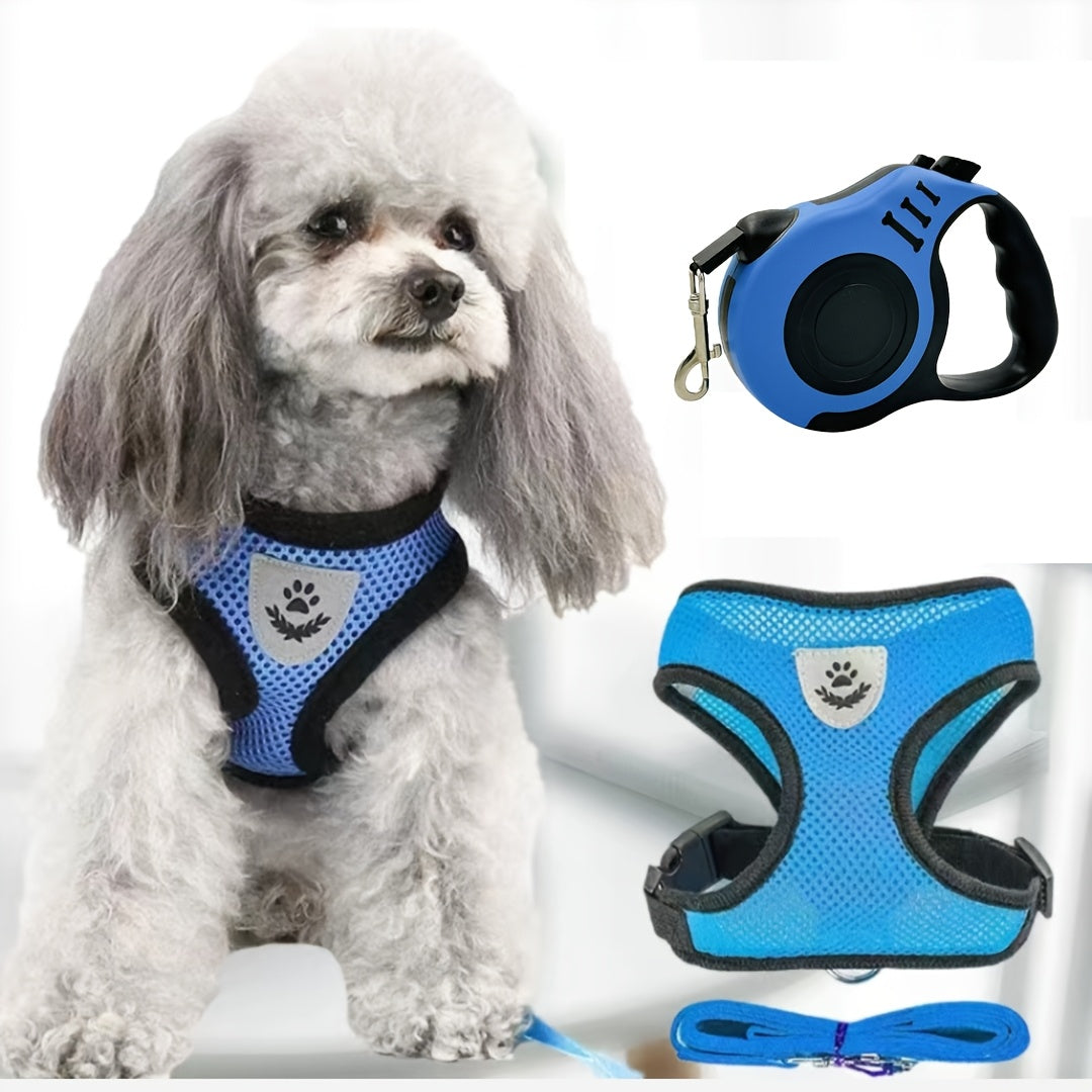 3pcs Set, Double Switch Retractable Pet Leash and Harness, Soft Nylon Mesh Vest for Cats & Small Dogs, Easy Control & Comfortable Safety, Hand Wash Only