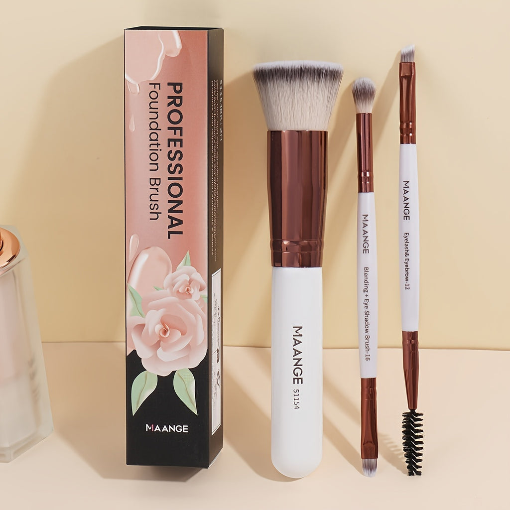 Set visage 3 pièces : pinceaux fond de teint, blush et cils, poils doux, livré avec boîte portable pour maquillage pratique.