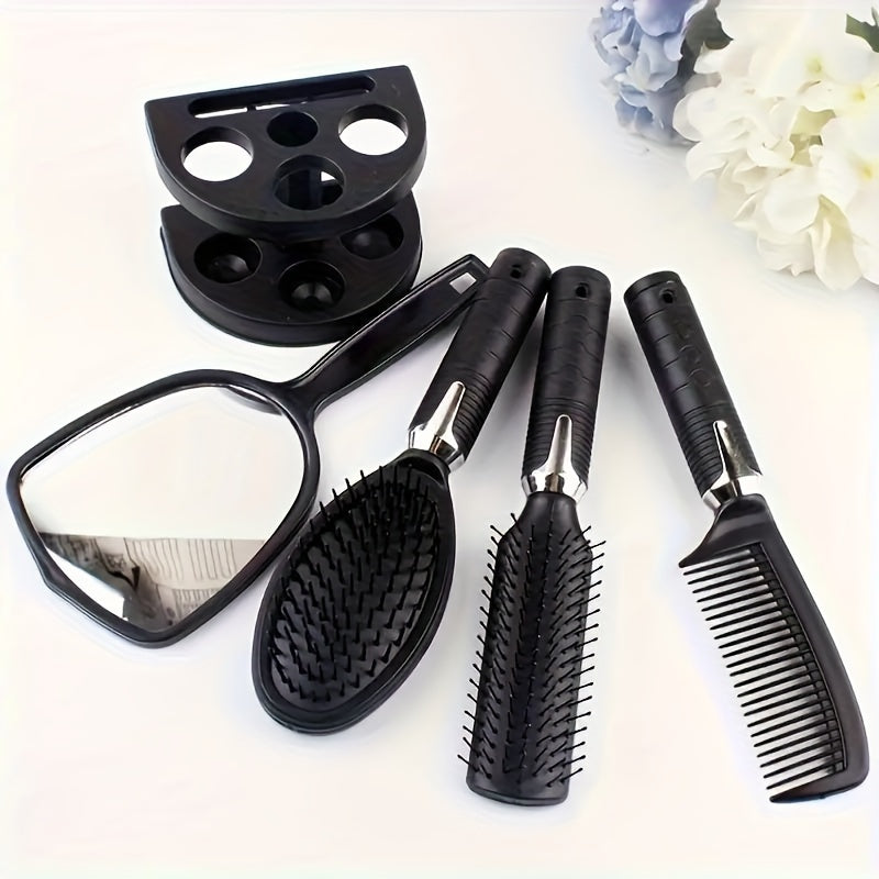 4pcs Professional Salon Hair Styling Set, Scent-Free Brushes for All Hair Types with Mirror &amp; Holder - Black, Hair Brush