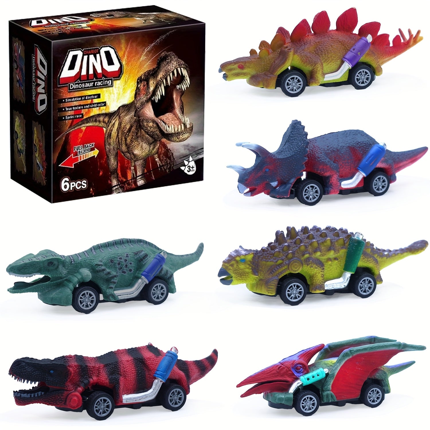 6pcs Dinosaur Toy Car Set for Youngsters Ages 3-6 - Colorful, Interactive Slewing Action, Durable ABS Plastic, Non-Battery Operated - Ideal Halloween &amp; Christmas Gifts, Dinosaur Party Decorations