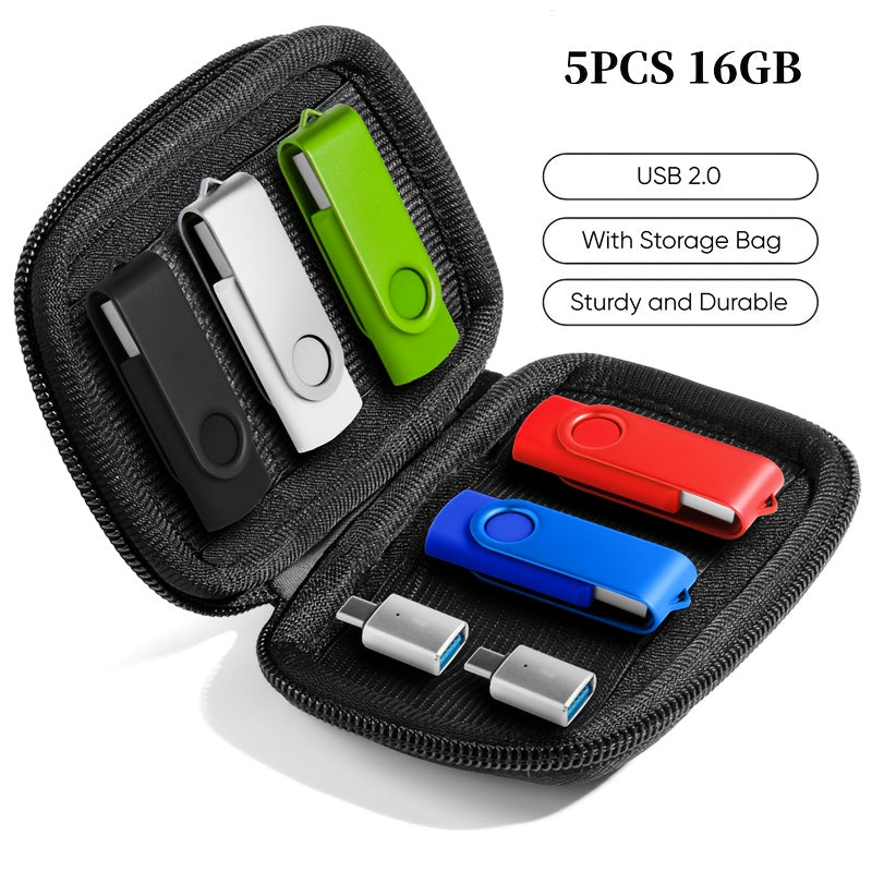 Lot de 5 clés USB (128 MB à 32 GB) avec 2 adaptateurs USB-C et étui souple, stockage et sauvegarde, compatible Android, iPhone 15/16 et ordinateurs.