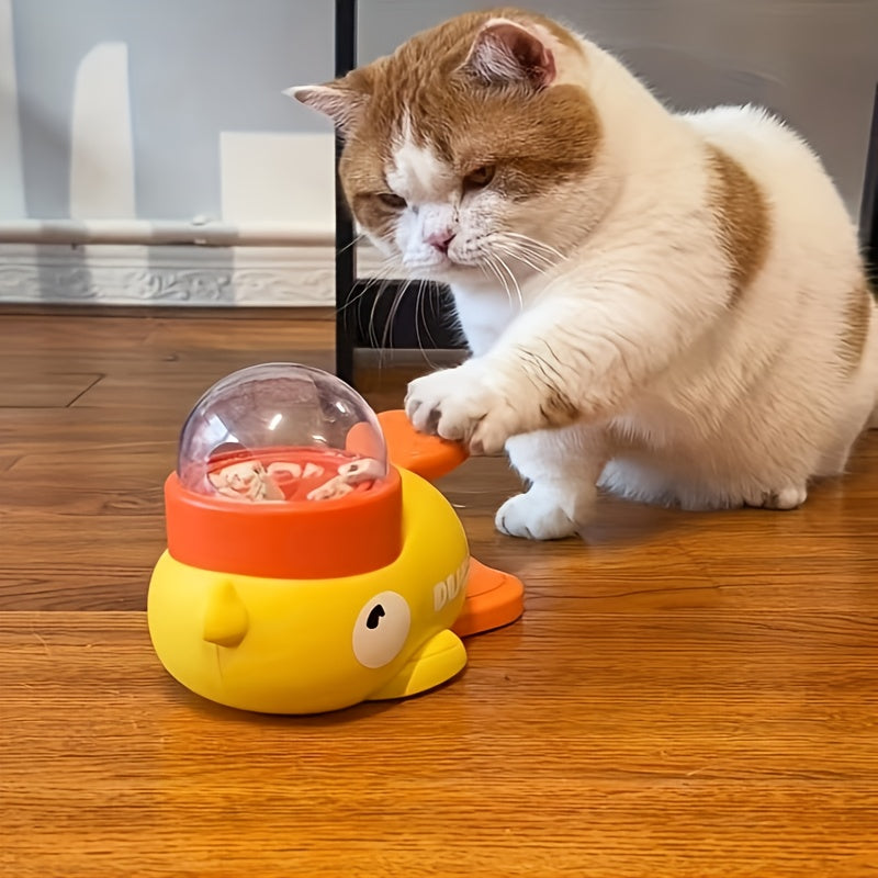 Jouet distributeur de nourriture interactif pour chats. Design canard, sans batterie, en plastique durable, idéal pour jeu et entraînement intérieur/extérieur.
