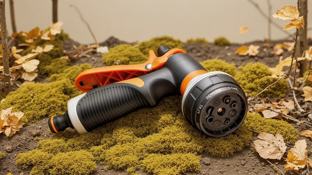 Pistolet d’arrosage haute pression, buse réglable, plastique léger et durable, poignée ergonomique orange/noir, idéal pelouse, voiture et jardin.