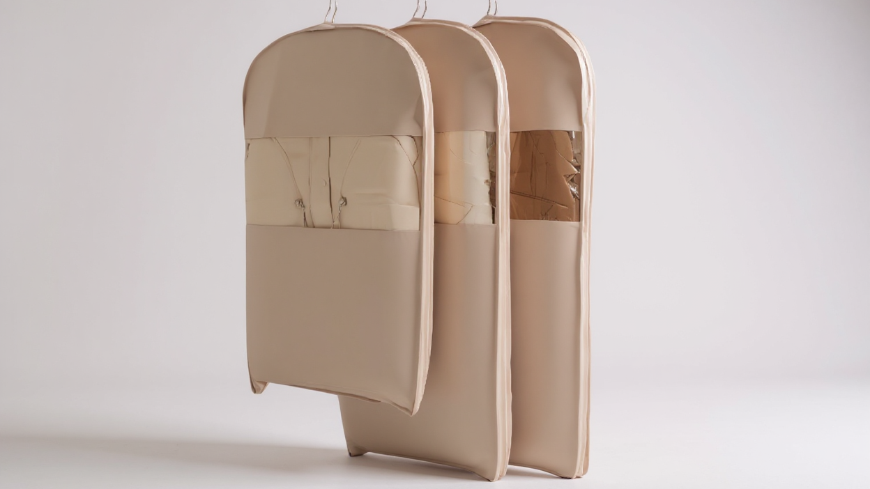 Housse suspendue compressible robuste avec fenêtre transparente, fermeture éclair et gain de place, idéale pour costumes, manteaux et vestes à domicile ou en voyage.