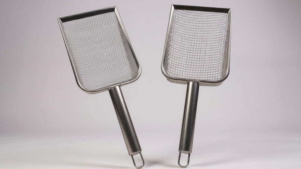 Pelle à litière en acier inoxydable, maille fine, poignée ergonomique, durable, pour litière agglomérante ou non, deux tailles de tamis disponibles.