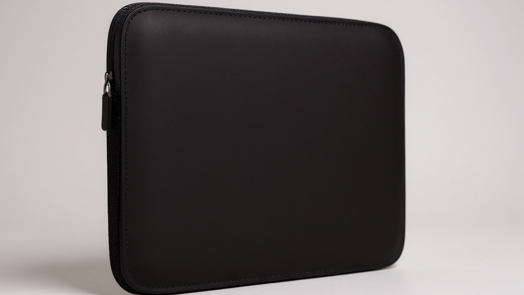 Housse noire en néoprène pour ordinateur 15,6", conforme TSA, protection antidérapante, accès facile au port d’alimentation, durable et élégante pour travail ou voyage.