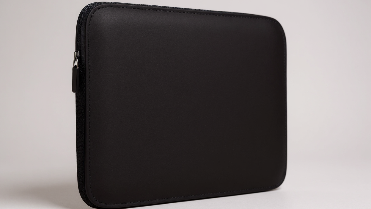 Housse noire en néoprène pour ordinateur 15,6", conforme TSA, protection antidérapante, accès facile au port d’alimentation, durable et élégante pour travail ou voyage.