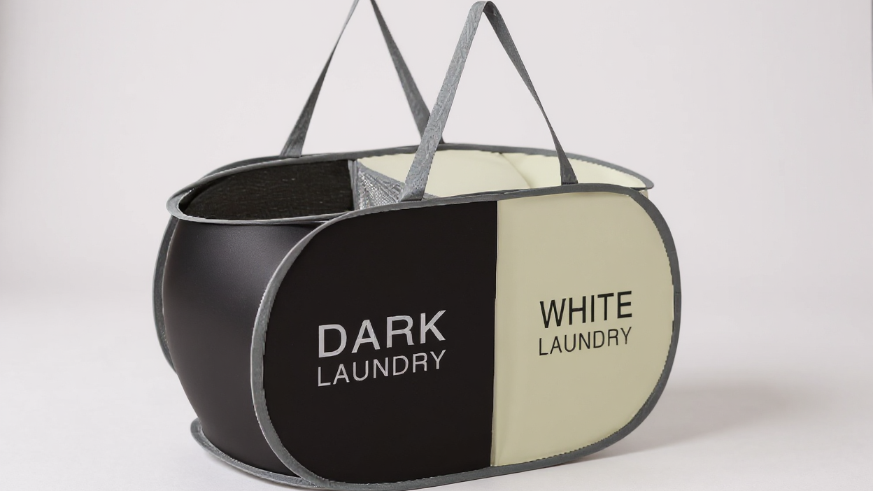 Panier à linge pliable avec poignées doubles, ouverture facile, disponible en 2 ou 3 compartiments, idéal pour maison, chambre ou buanderie.