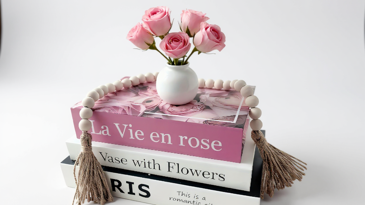 3pcs Luxury Fake Book Decorations - Realistic Book Stack with Pink Roses &amp; Vase, No Electricity Needed, for Home, Office, Cafe, Photography Props, Book Decorations, Office Decoration, Elegant Design, Decorative Vase