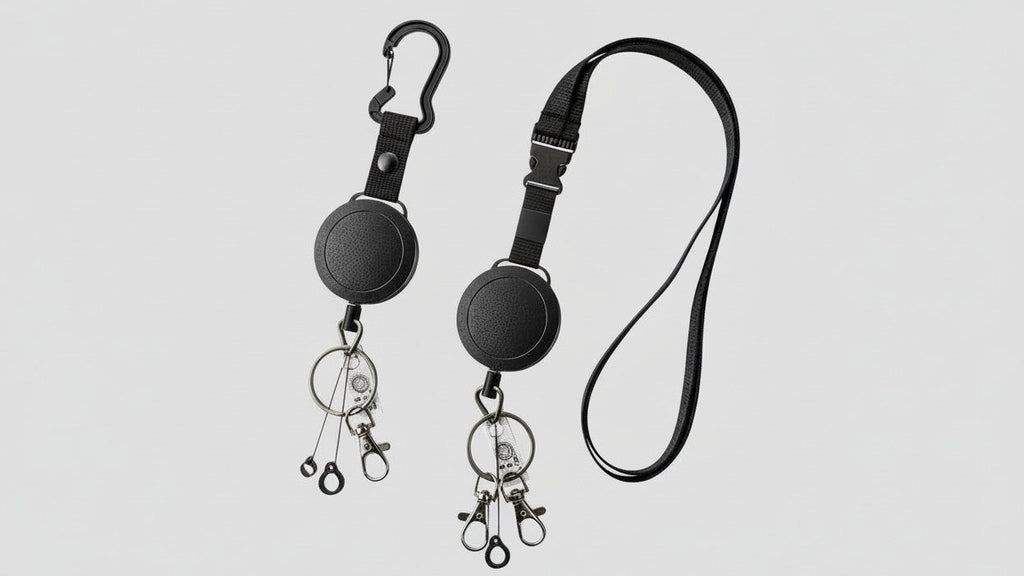 Lot de 2 porte-badges rétractables, lanière ajustable, 2 porte-stylos, clip mousqueton, idéal bureau, cartes et clés sécurisées.