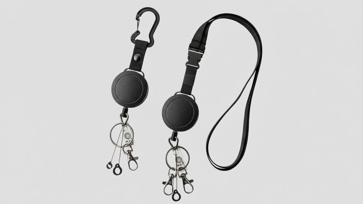 Lot de 2 porte-badges rétractables, lanière ajustable, 2 porte-stylos, clip mousqueton, idéal bureau, cartes et clés sécurisées.