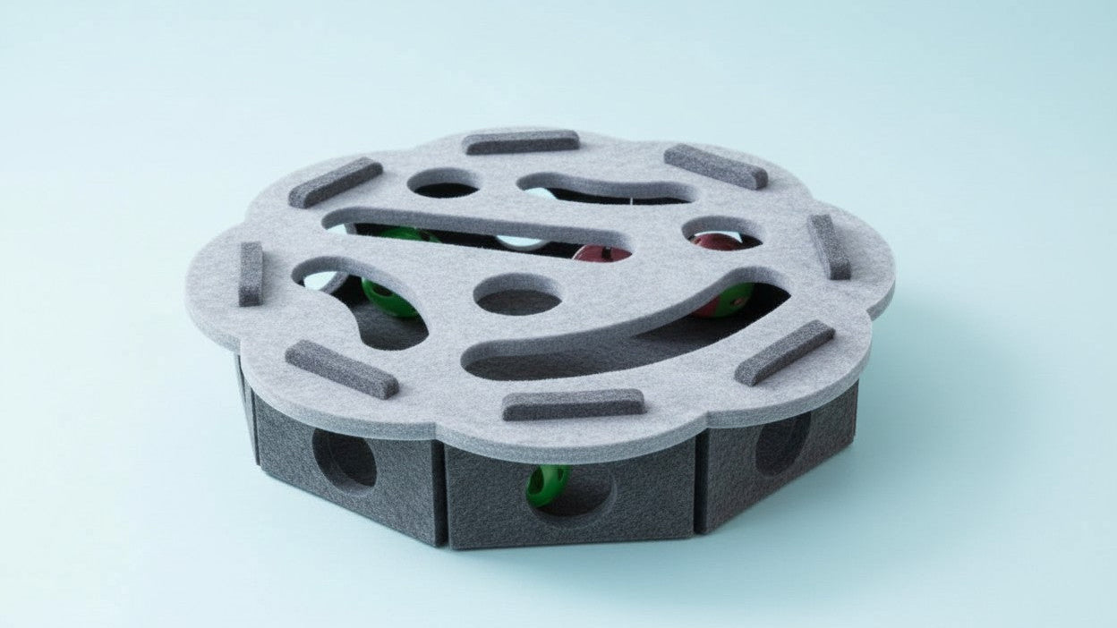 Boîte de jeu interactive pour chat, motif empreinte de patte. Puzzle durable pour stimuler mentalement et physiquement, avec 2 balles de couleurs aléatoires, sans batterie.