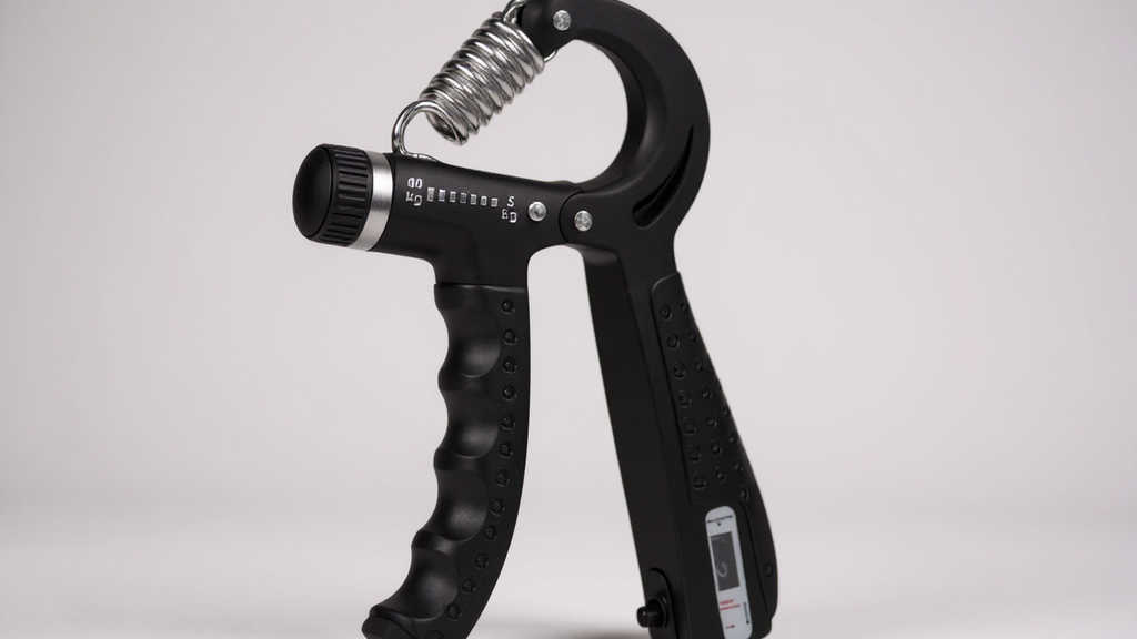 Exerciteur avant-bras réglable 5‑60 kg, alliage aluminium, compteur digital, renforcement musculaire et rééducation, équipement fitness à domicile, design élégant.