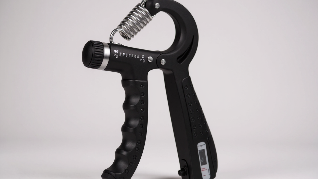 Exerciteur avant-bras réglable 5‑60 kg, alliage aluminium, compteur digital, renforcement musculaire et rééducation, équipement fitness à domicile, design élégant.