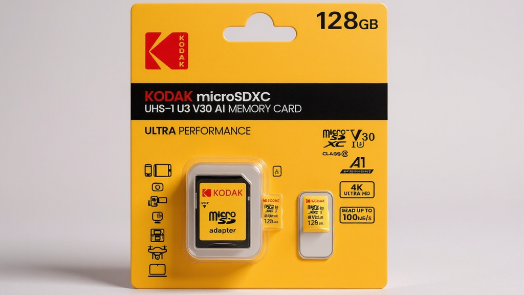 Carte Mémoire Kodak Micro TF U3 : Capacités 32 à 256 Go avec adaptateur SD, UHS-I haute vitesse, idéale 4K/120fps, compatible smartphones et caméras.