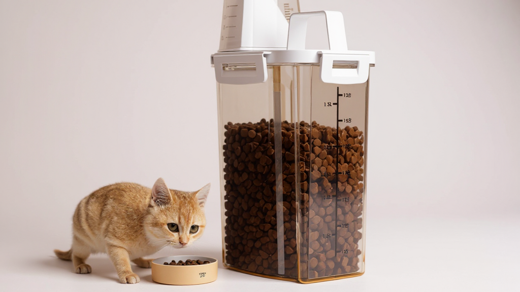 1pc Airtight Pet Food Dispenser Container with Measuring Scoop - Transparent Window, Leakproof &amp; Moisture-Proof, Cute, for Dogs, Cats, Kibble, Wet Food - Countertop or Cabinet Storage Organizer, Modern Kitchen Accessory, Dura