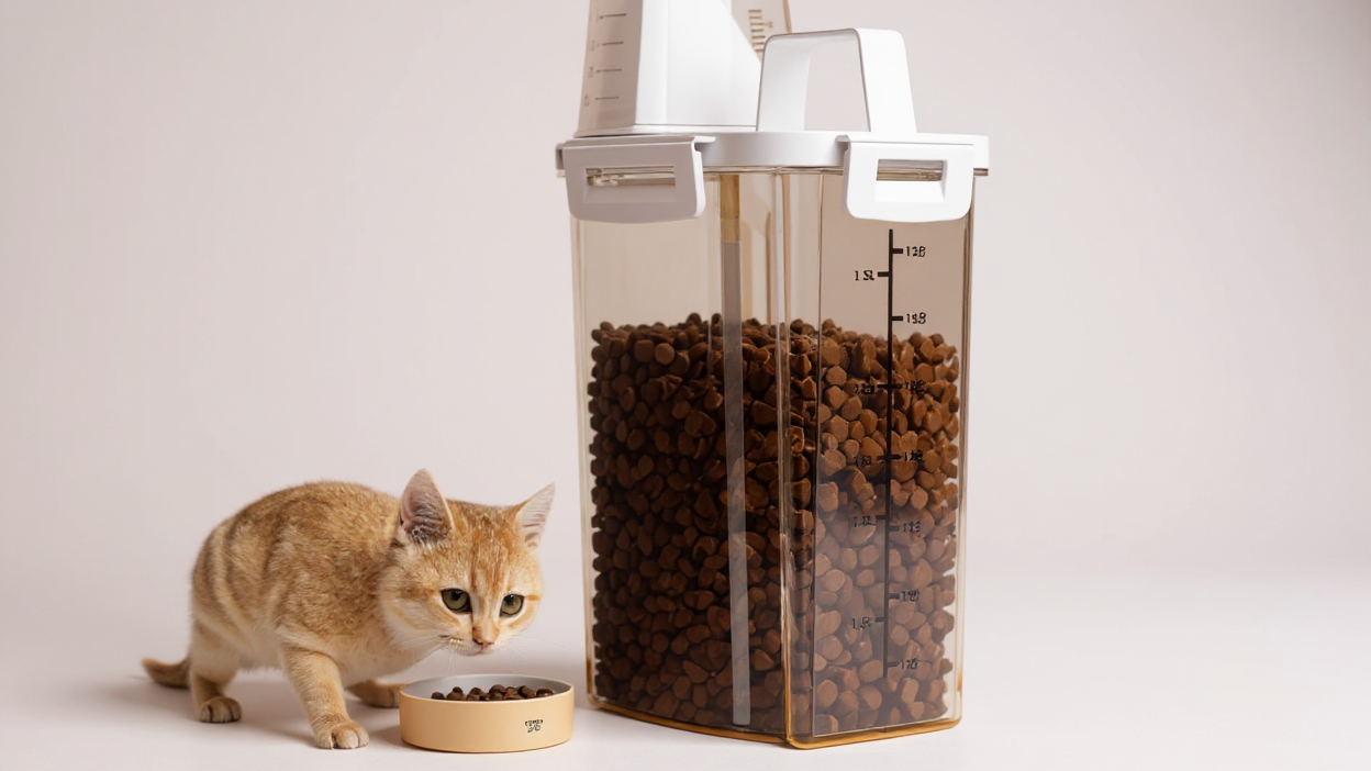 1pc Airtight Pet Food Dispenser Container with Measuring Scoop - Transparent Window, Leakproof &amp; Moisture-Proof, Cute, for Dogs, Cats, Kibble, Wet Food - Countertop or Cabinet Storage Organizer, Modern Kitchen Accessory, Dura