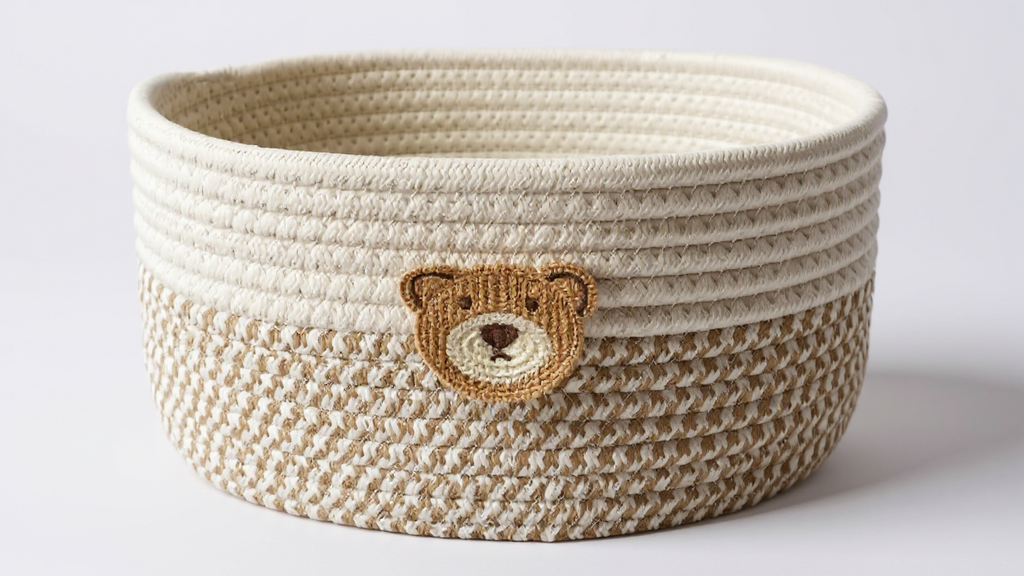 سلة تخزين منسوجة مصنوعة يدويًا من قطعة واحدة على شكل رسوم متحركة، مناسبة للألعاب، ولوازم الحيوانات الأليفة، وصندوق منظم لمكتب المنزل، ويمكنها حمل المفاتيح، ومستحضرات التجميل، والمجوهرات، وسلال الرفوف
