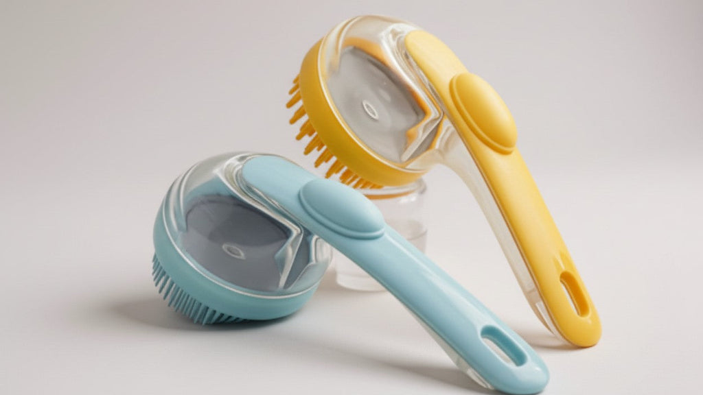 Brosse de bain douce pour chiens et chats, avec distributeur savon/shampoing, massage et nettoyage adaptés poils longs et courts.