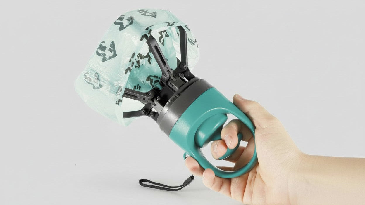 Ramasse-crottes portable pour chien avec distributeur de sacs, plastique durable, bleu-vert, sacs étanches inclus, pratique pour sorties en extérieur.