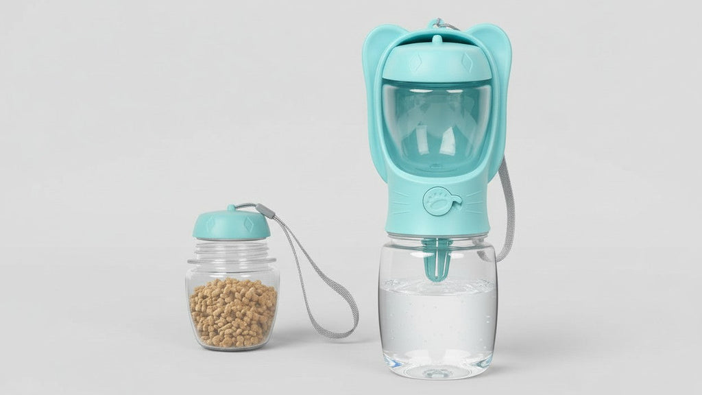 Bouteille d'eau portable pour chien avec compartiment nourriture. Distributeur pratique pour animaux, idéal pour les promenades, randonnées et voyages.