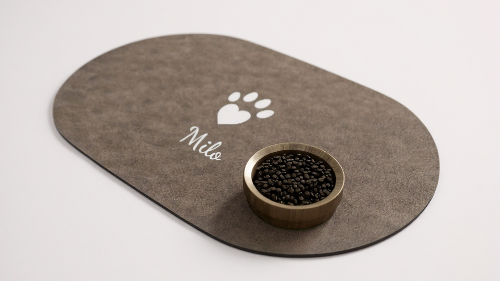 Tapis repas personnalisable pour animaux, séchage rapide, antidérapant, protège sol, design minimaliste gris foncé, idéal pour chats et chiens.