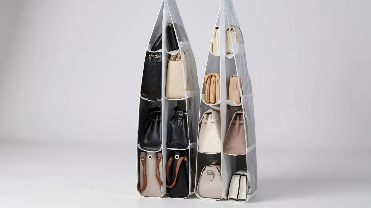 Organisateur suspendu multi-couches, gain de place, anti-poussière, pour sacs et accessoires, design pratique, 6 ou 8 compartiments, adapté rangement placard ou jouets.