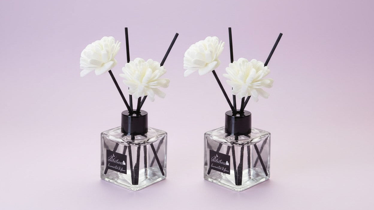 Set d’aromathérapie 2 bouteilles Différents parfums, diffuseur rotin efficace, choix variés pour créer ambiance relaxante et parfum agréable.