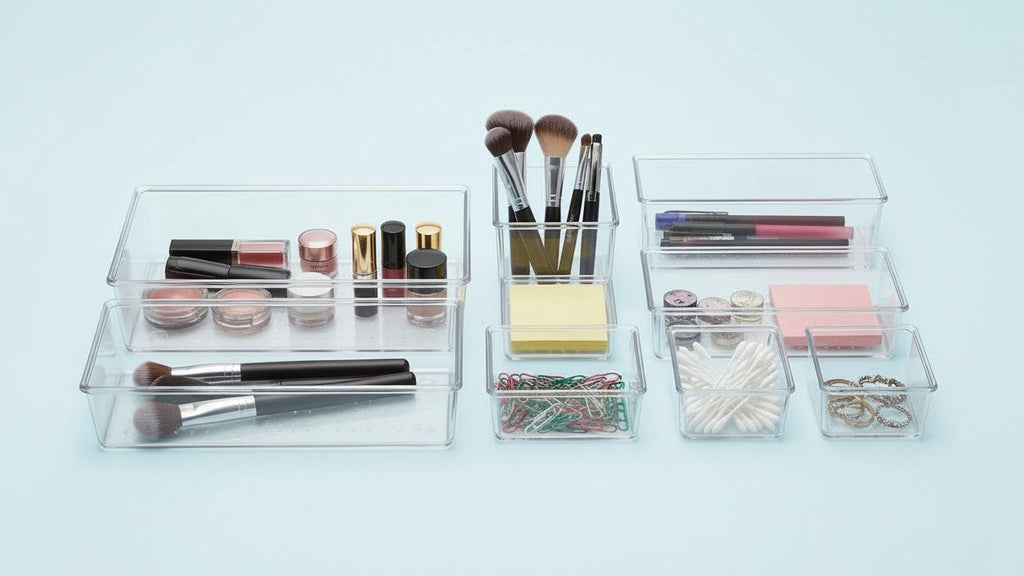 Set de 7/11/18 organiseurs de tiroirs transparents, 4 tailles, polyvalents, pour cosmétiques, chambre, cuisine ou bureau, rangement pratique et ordonné.