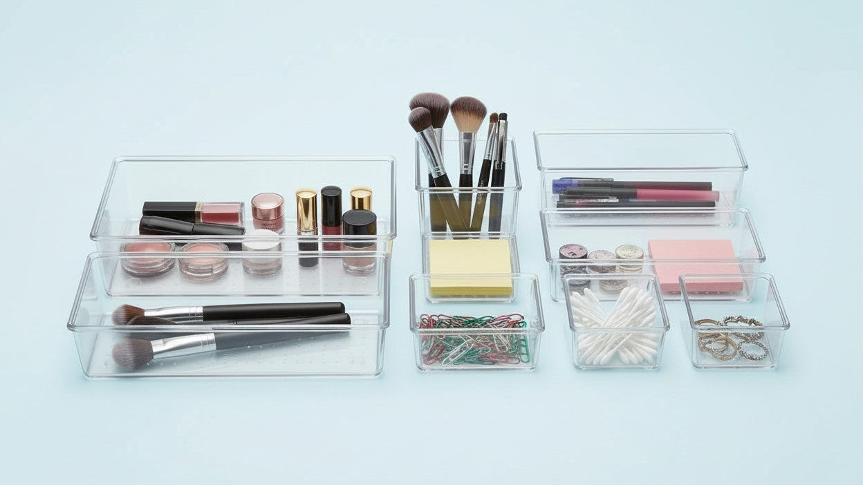 Set de 7/11/18 organiseurs de tiroirs transparents, 4 tailles, polyvalents, pour cosmétiques, chambre, cuisine ou bureau, rangement pratique et ordonné.